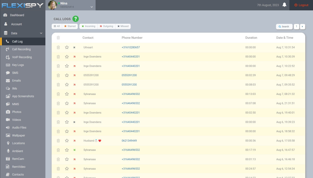 FlexiSPY call logs
